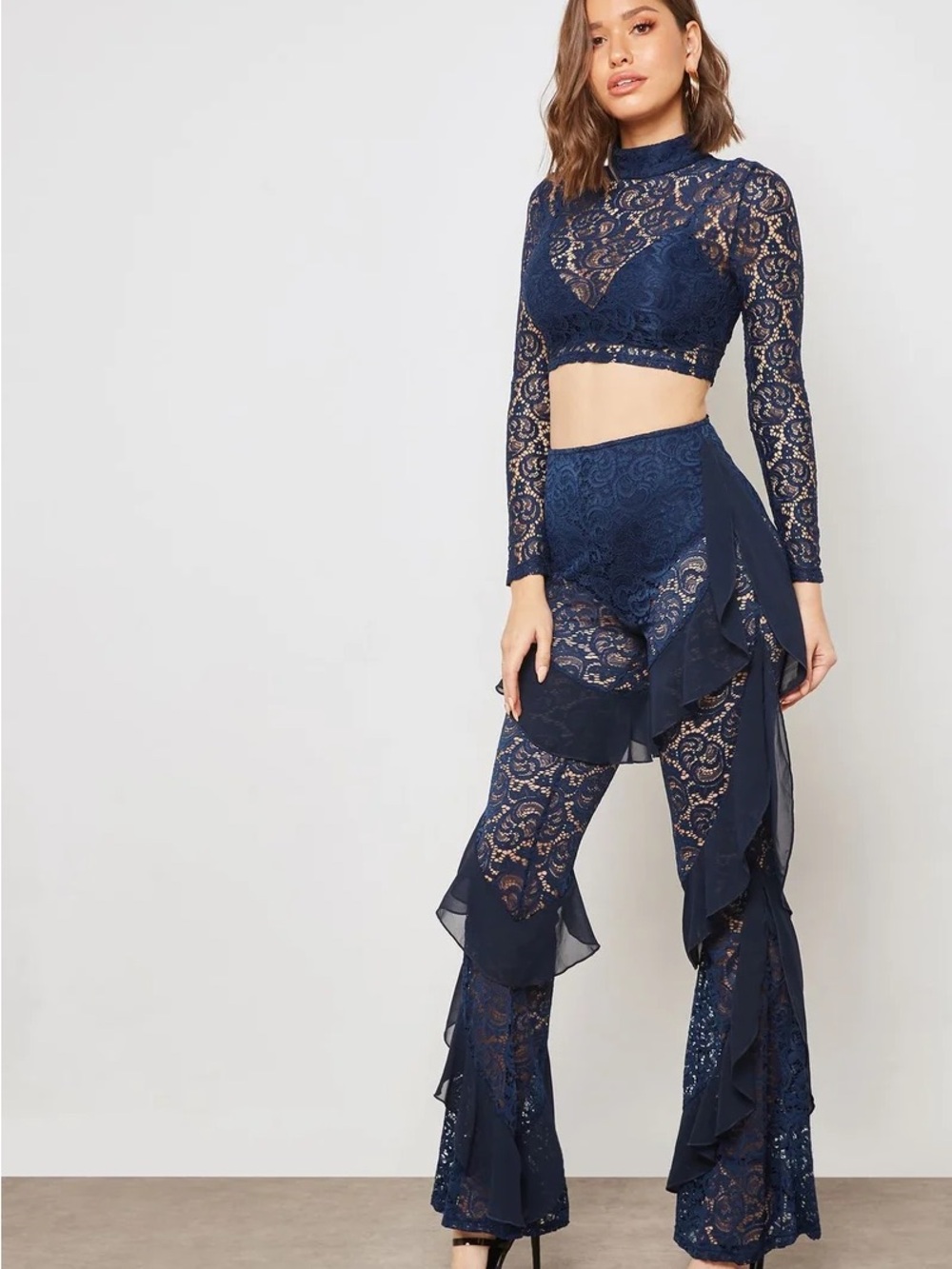 Missguided Navy Lace Flare Jumpsuit Pants